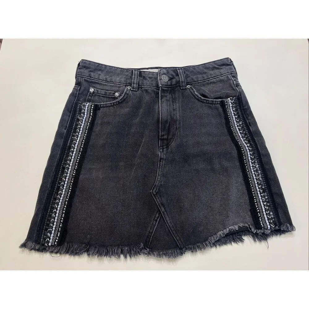 Free People Women's Side Stripe Embellished Beaded Denim Mini Skirt Black Size 2